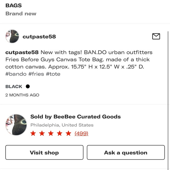 NWT UO BAN.DO Fries Before Guys Canvas Tote Bag - Picture 6 of 6